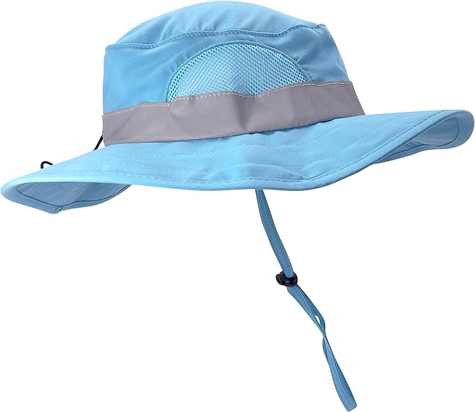 M/L Combination Set Fits Youth Sizes 8-12: 1 Light Blue Cargo Vest for Kids with Reflective Safety Straps & 1 Floppy Bucket Sun Hat with Chin Strap. Color: Light Blue