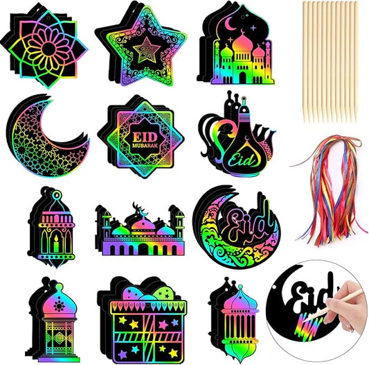 JULMELON 36 PCS Ramadan Crafts for Kids, Rainbow Scratch Paper Art for Kids Ramadan Gifts Eid Mubarak Magic Color Scratch Off Cards for School Classroom Activities DIY Drawing Project Party Favors