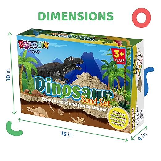 Dinosaur Play Sand Kit - Sensory Bin Sandbox, 2 Bags of Safe Sand and 34 Pieces - Feels Like Wet Sand Without The Mess - Comes with Bin, Lid, Dinosaur Figures, Dino Molds, Trees, Fences