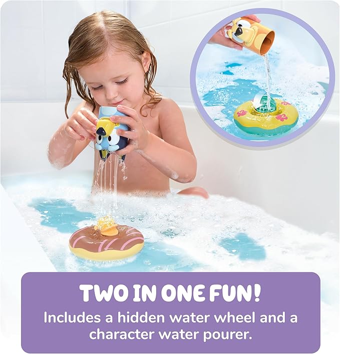 TOMY Toomies Splash & Float Bingo and Bluey Water Toys - 2-in-1 Toddler Water Toys with Pour Cup and Water Wheel Toy - Toddler Bath Toys and Bluey Toys - Ages 18 Months and Up