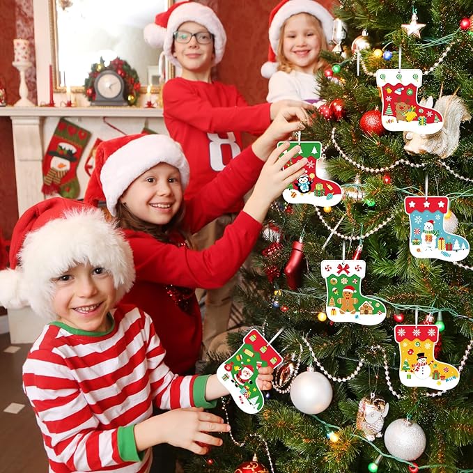 COCHIE 48Pcs DIY Christmas Craft Kits for Kids, Christmas Tree Stockings Ornaments Kit, Make Your Own Christmas Stockings Craft Xmas Party Decor DIY Stockings Cutouts for Holiday Handcraft Supplies
