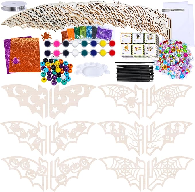 Winlyn 24 Sets Halloween Crafts Bat Crafts DIY Halloween 3D Bat Craft Kits Unfinished Paintable Wood Bat Halloween Crafts for Kids Classroom Activities Art Project Halloween Decorations Party Favors