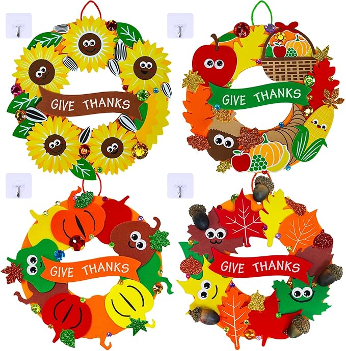 Winlyn 12 Sets Thanksgiving Wreath Signs Decorations Art Sets DIY Fall Thanksgiving Craft Kits Foam Sunflowers Maple Leaves Pumpkin Harvest Stickers for Kids Autumn Classroom Activities Party Favors