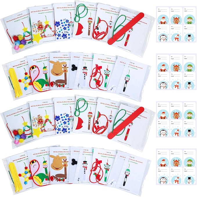 Winlyn 24 Sets Christmas Craft Kits Popsicle Stick Christmas Ornaments Winter Crafts DIY Craft Stick Santa Snowman Elf Reindeer Ornaments Art Sets for Kids Holiday Classroom Activities Party Favors