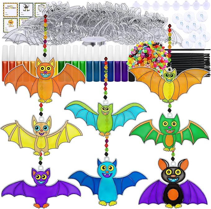 Winlyn 24 Sets Halloween Bat Suncatchers Ornaments Halloween Decorations DIY Window Paint Art Suncatchers Halloween Craft Kits Suncatchers Painting Kits for Kids Activities Classroom Art Project