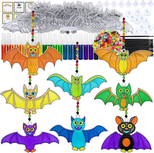 Winlyn 24 Sets Halloween Bat Suncatchers Ornaments Halloween Decorations DIY Window Paint Art Suncatchers Halloween Craft Kits Suncatchers Painting Kits for Kids Activities Classroom Art Project