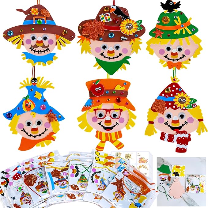 Winlyn 24 Sets Fall Craft Kits for Kids Autumn Crafts DIY Scarecrow Ornaments Fall Decorations Individual Craft Kits Thanksgiving Foam Stickers Arts and Crafts for Classroom Activities Party Favors