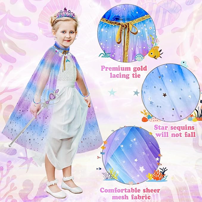 Mermaid Toddler Toys for Ages 4-6, Princess Dress Up for Girls 3-8, 10Pcs Shiny Princess Cape Set Toys for Little Girls 3 4 5 6 7, Kid Toys for Christmas Gifts Birthday Party Favors Pretend Play