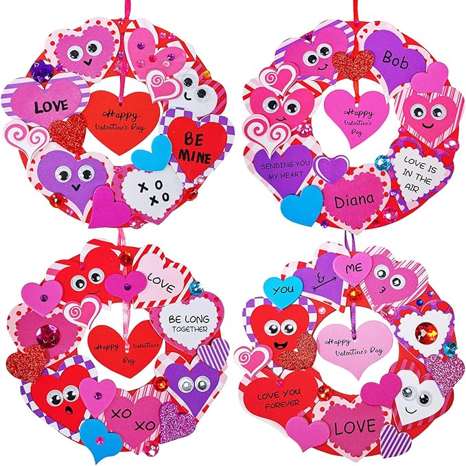 Winlyn 12 Sets Heart Wreath Ornaments Decorations Valentine Crafts Kits for Kids Classroom DIY Valentine's Day Heart Wreath Assorted Heart Cutouts Foam Stickers Googly Eyes Valentine Gift Exchange