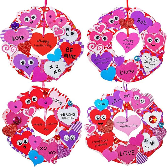 Winlyn 12 Sets Heart Wreath Ornaments Decorations Valentine Crafts Kits for Kids Classroom DIY Valentine's Day Heart Wreath Assorted Heart Cutouts Foam Stickers Googly Eyes Valentine Gift Exchange