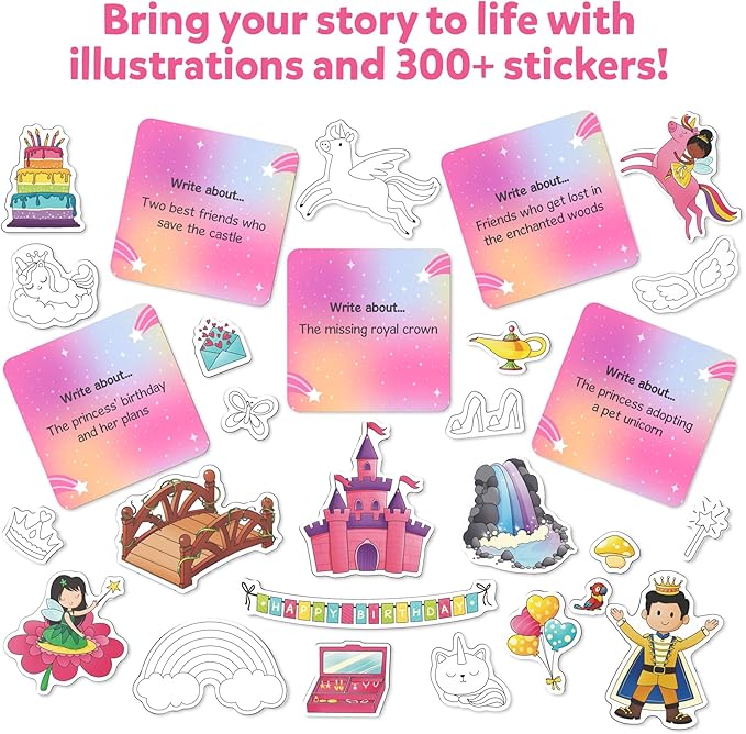 Skillmatics Storybook Art Kit - Unicorns & Princesses Art Kit for Kids, Write & Create Fairytale Storybooks, Creative Activity for Girls, DIY Kit, 150+ Stickers, Gifts for Ages 5, 6, 7, 8, 9, 10