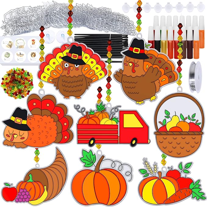 Winlyn 24 Sets Thanksgiving Suncatchers Ornaments Decorations DIY Window Paint Art Suncatchers Craft Kits Turkey Pumpkin Sun Catchers for Kids Classroom Activity Autumn Harvest Party Art Project