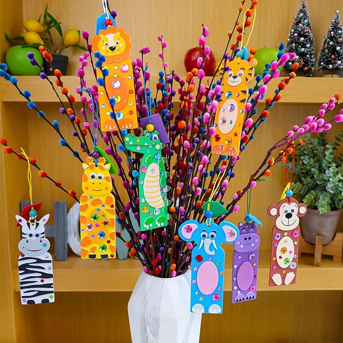 Winlyn 32 Sets Jungle Animal Crafts Kits DIY Jungle Safari Zoo Wild Animal Bookmarks Decorations Art Set Tiger Lion Zebra Foam Stickers for Kids Party Favors Classroom Activities Reading Rewards