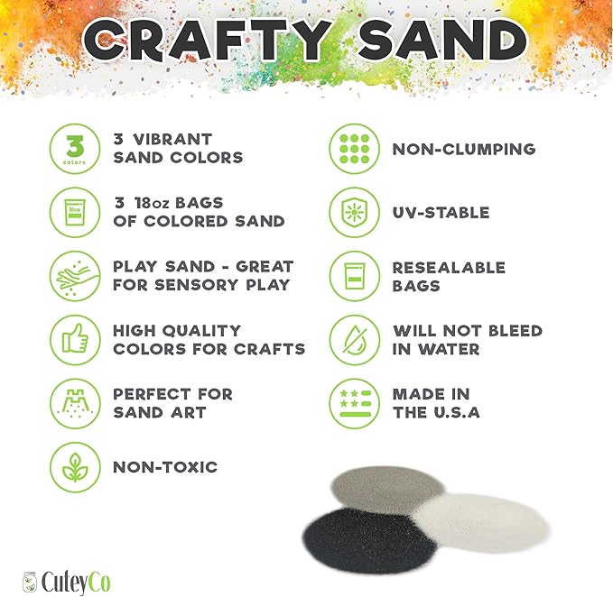 CuteyCo Crafty Sand Pack - 3 Colors: 3 lbs of Vibrant Craft Sand & Play Sand: Black, Gray, and White