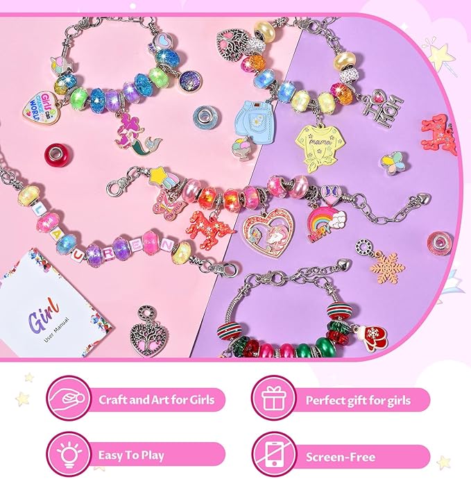 Girls Charm Bracelet Making Kit - Unicorn Jewelry Supplies Make Set DIY Art Craft Set Charm Bracelets Kits Creative Birthday Gifts for Kids Age 6 7 8 9 10 11 12 Year Old Girl Little Children Girl Toys