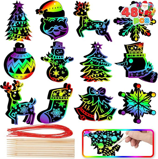 JOYIN 48 Pcs Christmas Scratch Art Ornaments, Scratch Paper Craft Kit Include Snowman, Snowflakes, Christmas Tree, and Reindeer, Rainbow Color Scratch Off Hanging Ornament for Kids Party Favors