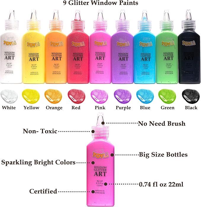 TOYLI Window Glitter Painting Kids Arts and Crafts Creative Set, 26 Suncatchers Kit,Gifts for Boys,Girls Ages 5,6,7,8,9,10 DIY, Great Home Birthday Party Idea, Your Own Fun Painting Activity NON Toxic