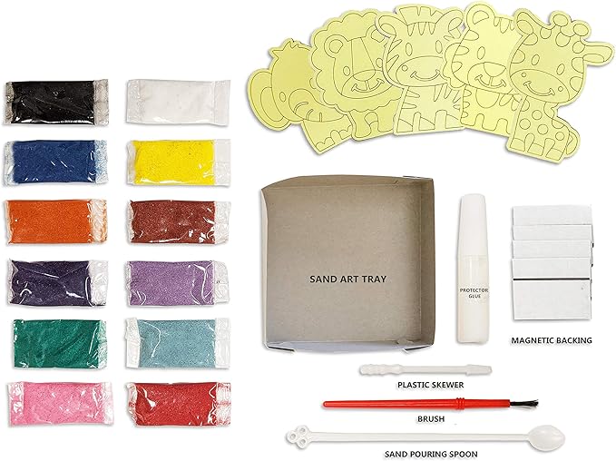 VHALE Peel and Stick Magnetic Sand Art Board, 5 MDF Sand Art Sets with Non Scratch Magnets, Peel, Sprinkle and Stick Designs, 12 Sand Colors, Fridge Decor, Kids Party Favors (Animal)