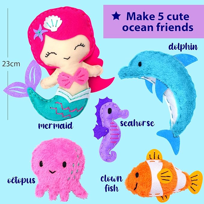 KRAFUN Mermaid Sea Animals Beginner Sewing Kit for Kids Art & Craft kit, Includes 5 Soft Plush Dolls, Instructions & Felt Materials for Learn to Sew, Embroidery Skills, Gift for Girls Educational