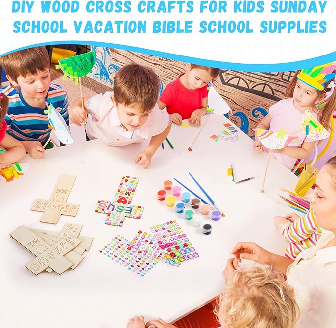 PullCrease Easter DIY Wood Cross Crafts for Kids Religious Craft Kit Sunday School Vacation Bible School Supplies 24 Pack Wooden Cross with Stickers 1 Set Paint(Classic Style)