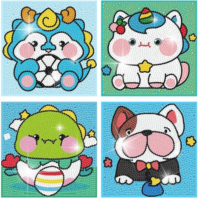 FQOVKYN 4 Pcs Cute Animals Diamond Art Kits for Kids Age 6-12, DIY Cartoon Dinosaur Diamond Art Painting for Adults Beginner, 5D Kids' Mosaic Kits Full Round Drill Gem Art for Kids 6X6 inch