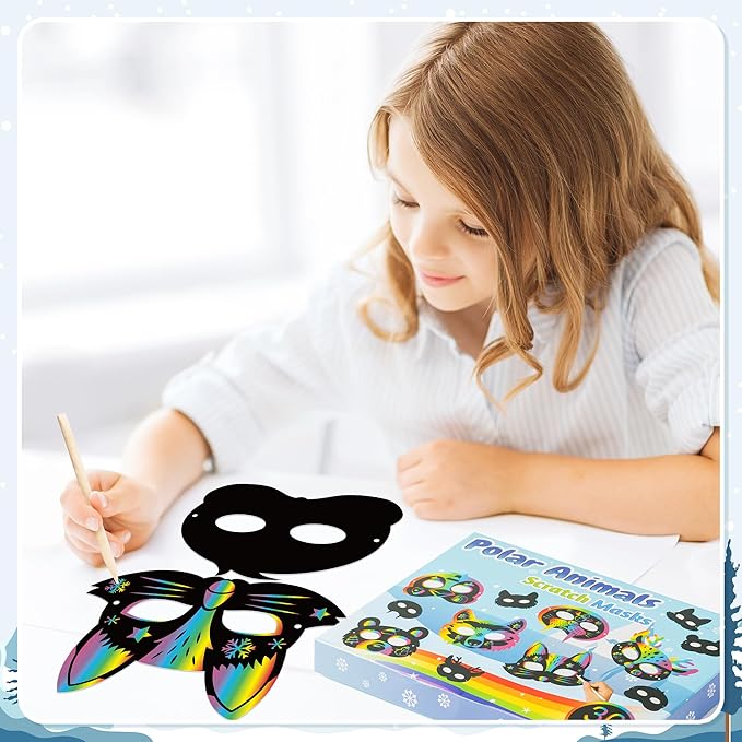 B1ykin 30Pcs Polar Animals Scratch Mask Gift Set, DIY Magic Winter Arctic Animal Scratch Masks Craft Kit for Kids, Color Paper Party Favors for Birthday School Classroom Art Activity Project