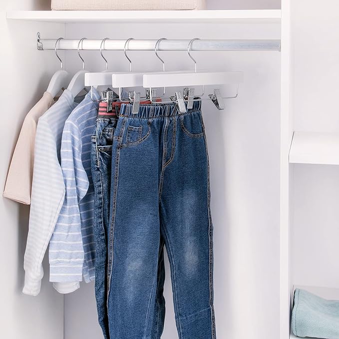 Nature Smile 11.8'' Kids Baby Toddler Children Solid Wooden Pants Hangers,Wood Skirts Hangers,Trousers Bottom Hangers with 2-Adjustable Clips Anti-Rust Hook Pack of 10 (White)