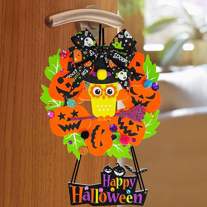 Winlyn 12 Sets Halloween Wreath Signs Decorations DIY Halloween Craft Kits Fall Kids Crafts Art Sets Ghost Spider Web Witch Hat Pumpkin Foam Stickers Arts and Crafts for Kids Home Classroom Activities