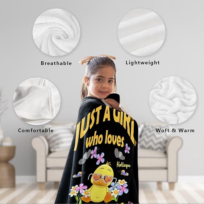 Custom Name Just a Girl loves Duck Adult duck Blanket Kids Funny Blanket Suitable for Bedroom bed sofa Crib Couch Chair outdoor All Season Items That Yellow Duck Lovers Will Love 60"x50"for Teens