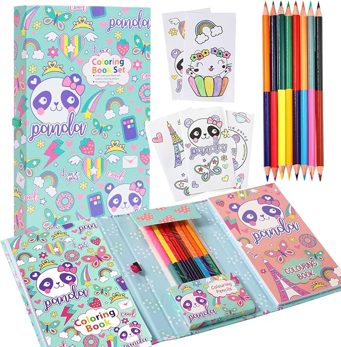Panda Coloring Book Set with Coloring Pages & Colored Pencils, Art Supplies for Kids Ages 4-6-8, Arts Crafts Travel Coloring Kit for Girls 4 5 6 7 8 Year Old Birthday Gift