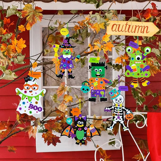 Winlyn 24 Sets Halloween Craft Kits Individual Fall Crafts DIY Bat Ghost Monster Witch Skeleton Frankenstein Ornaments Foam Halloween Arts and Crafts for Kids Holiday Classroom Activities Party Favors