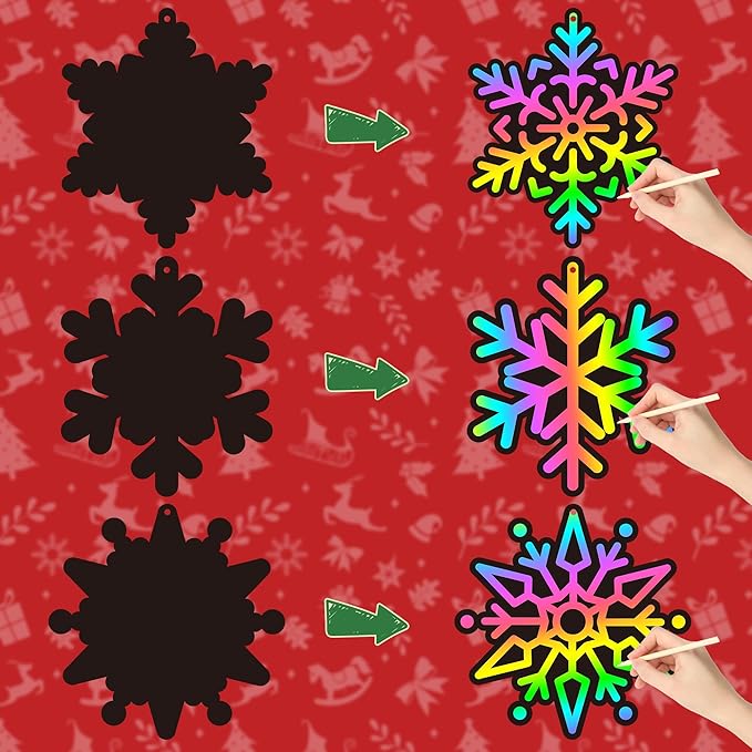 CY2SIDE 60PCS Snowflake Color Scratch Cards Gift Set for Kids DIY Winter Snowflake Hanging Scratch Cards for Kids Snowflake Magic Art Rainbow Color Craft Kit for Winter Christmas Party Favors