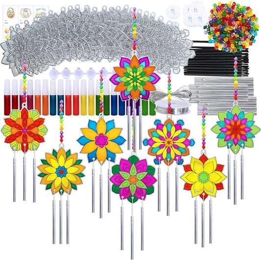 Winlyn 24 Sets Lotus Flower Suncatcher Wind Chimes Decorations DIY Window Paint Art Stickers Craft Kits Flower Sun Catchers for Kids Classroom Birthday Spring Summer Party Activities Art Project