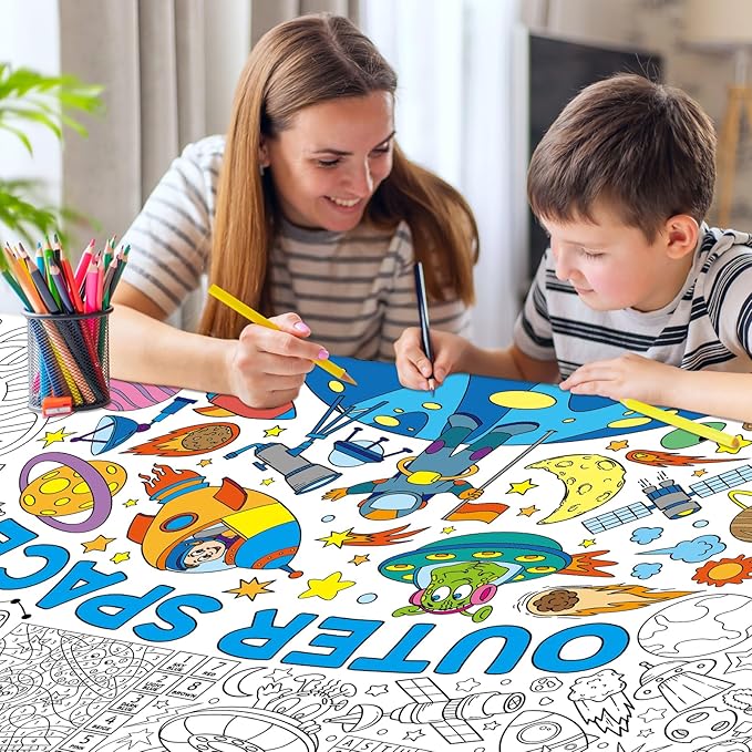 Outer Space Giant Coloring Poster for Kids 30 x 72 Inch, Space Large Coloring Poster Tablecloth, Outer Space Themed Color-in Activities Games for Kids School Classroom Home Party Supplies Decorations