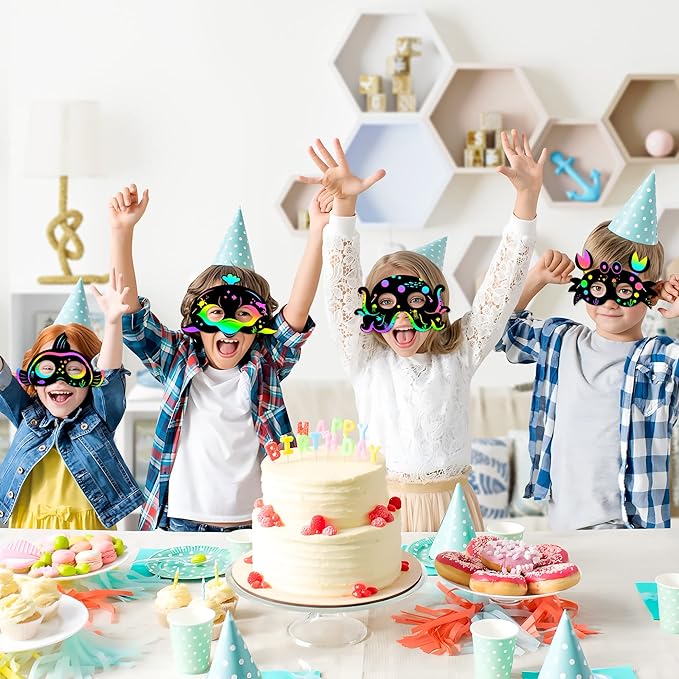 WATINC 30pcs Ocean Animals Scratch Masks for Kids, 6 Styles Summer Paper Scratch Off Art Magic Craft Party Favors Kit, DIY Under The Sea Project for School Classroom Activity Birthday Party