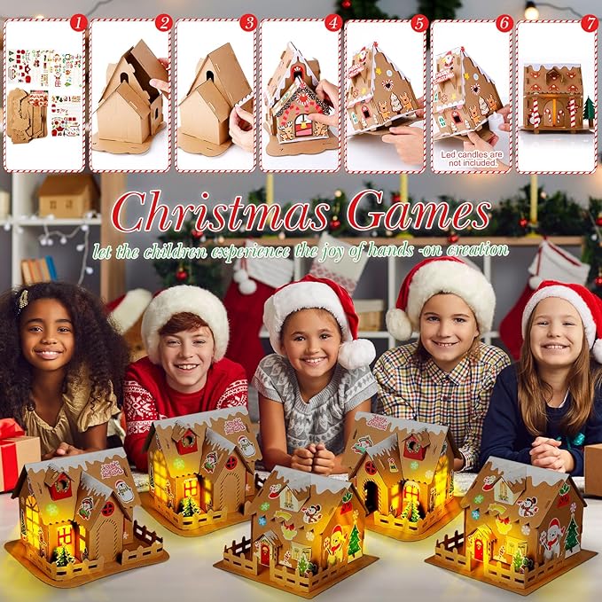 Yunsailing 24 Set Christmas Craft Kit Christmas Gingerbread House Kit Xmas Craft House Make a Gingerbread House Craft 3D Christmas Crafts for Boy Girl Xmas Party Game Craft Supplies