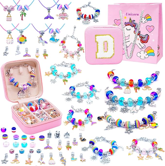 SUREHOME Charm Bracelet Making Kit for Girls 8-12, Teen Kids Jewelry Making Kit Easy to Craft Necklace Personalized Christmas Gifts for Girls Ages 5-7 6-8 8 9 10 11 Years Old Birthday Trendy Stuff - D