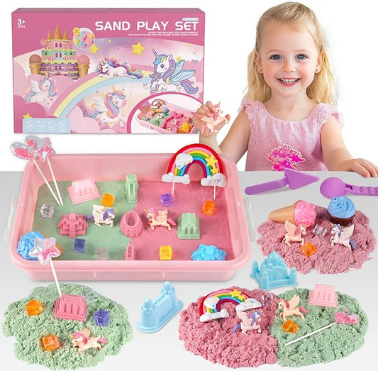 Unicorn Sensory Sand Kit for Girls Ages 3-8 – 2.2lbs Colorful Play Sand, Unicorn Toys, Castle & Ice Cream Molds, Tools & Sandbox with Lid – Great Christmas & Birthday Magic Sand Gift for Toddlers 3-5