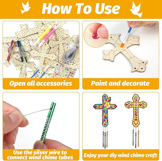 gisgfim Easter 16 Pack Cross Wind Chime Crafts Kits for Kids Make Your Own Sunday School Craft Christian Crafts Wooden DIY Arts for Party School Classroom Decorations Supplies Birthday Favors