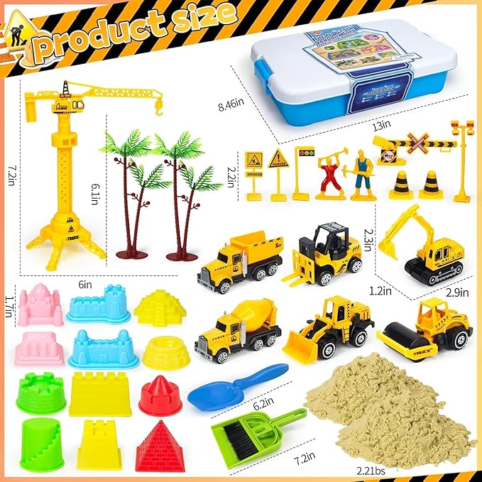 Construction Sensory Bin, Kids Play Sand Art Kit Sandbox with 2.2lbs Magic Sand, Molds, Shovel, 6Pcs Diecast Construction Trucks Toys, Crane, Sensory Sandbox with Cover for Boys Toddlers Age 3-8