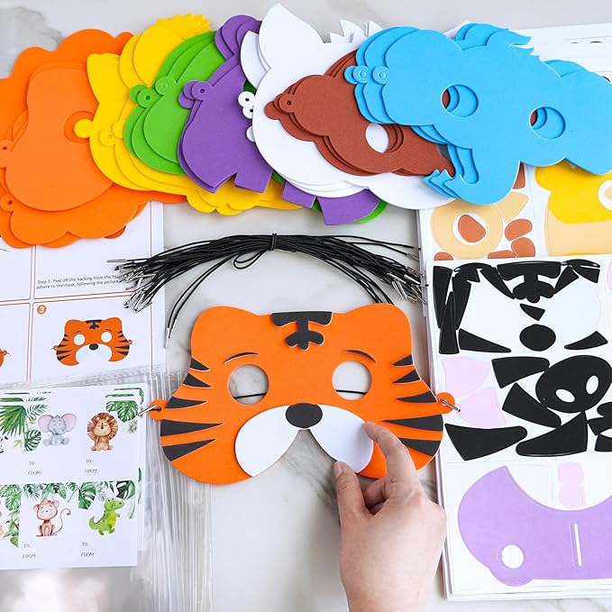 Winlyn 27 Sets Jungle Animal Masks Craft Kits Safari Animal Face Masks DIY Foam Zoo Animal Party Mask Art Sets Animal Face Stickers for Kids Jungle Safari Birthday Classroom Activities Party Favors