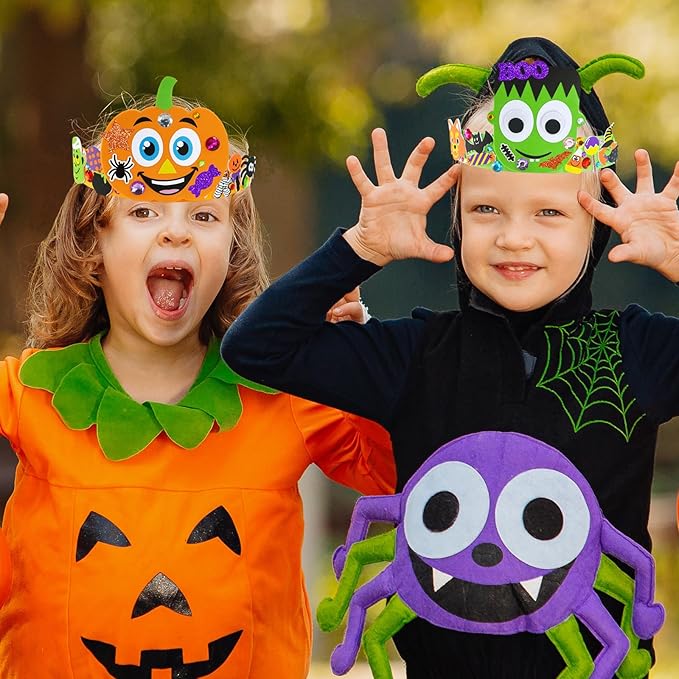 Winlyn 24 Sets Halloween Headbands Craft Kits DIY Crown Art Sets Spider Bat Jack-o'-Lantern Witch Hat with Halloween Foam Stickers Crafts for Kids Classroom Activities Halloween Party Trick-or-Treat