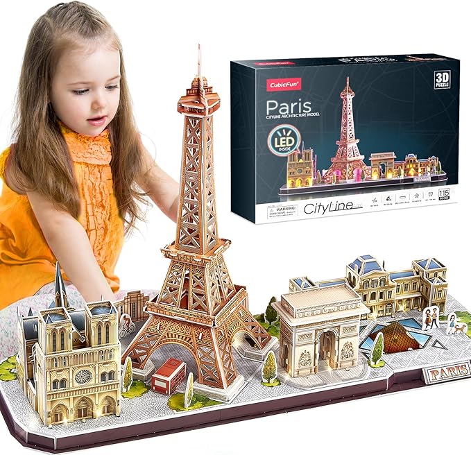 CubicFun 3D Puzzles for Kids Ages 8-10 LED Paris Cityline, Toys for Kids Arts and Crafts for Kids Ages 8-12 STEM Projects for Kids Ages 8-12 Gifts for Girls Boys Easter Gifts for Kids Home Decor