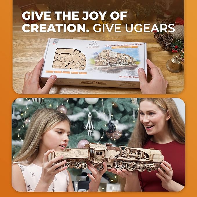 UGEARS 3D Puzzles for Adults - V-Express Steam Train with Tender Idea- 3D Wooden Puzzle Model Kits for Adults and Teens Building Kit Wooden Model Kits