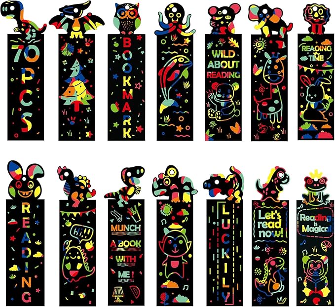 ZMLM Animal Scratch Bookmark for Kids: 70 Pcs 14 Style Magic Scratch Rainbow Bookmarks Making Kit for Girl Boy Party Favor Classroom Activity DIY Scratch Paper Art Craft Bulk for Birthday Christmas