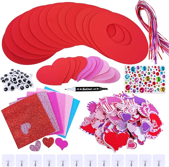 Winlyn 12 Sets Heart Wreath Ornaments Decorations Valentine Crafts Kits for Kids Classroom DIY Valentine's Day Heart Wreath Assorted Heart Cutouts Foam Stickers Googly Eyes Valentine Gift Exchange