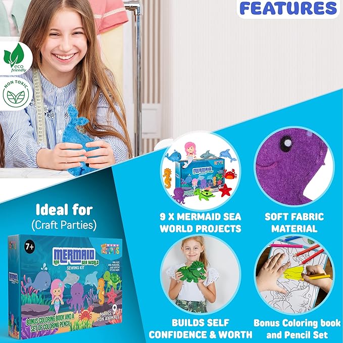MOMOTOYS Kids Sewing Kit for Kids, Fun & Educational Mermaid and Sealife Sew Craft Set for Boys and Girls Ages 8-12, Complete Beginner Sewing Kit with Felt Plushie for Creative DIY Projects
