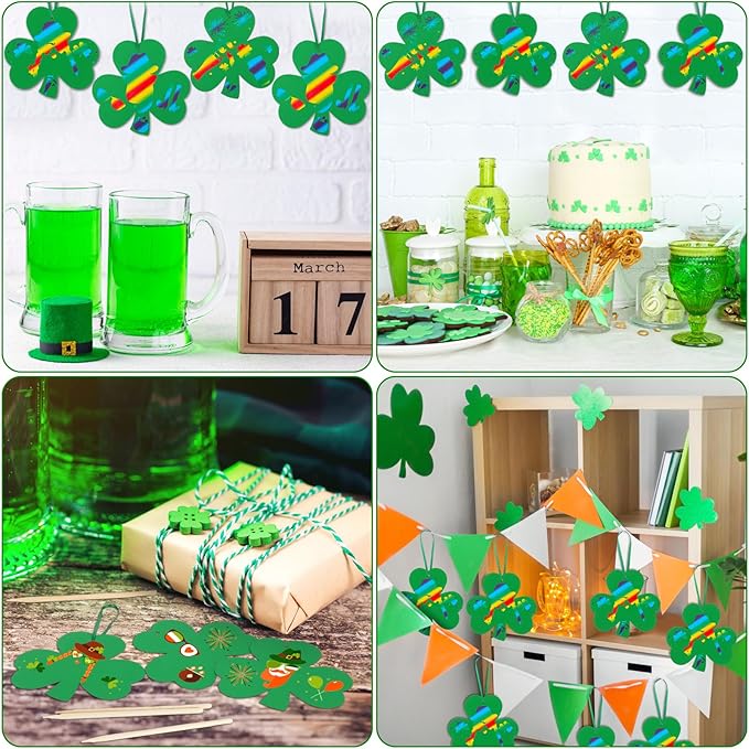 Liliful 60 Set St. Patrick's Day Crafts for Kids Shamrocks Colorful Scratch with 30 Wooden Scratch Tools Green Shamrocks Hanging Craft Art Kit for Kids Gifts St. Patrick's Day Party School Favors