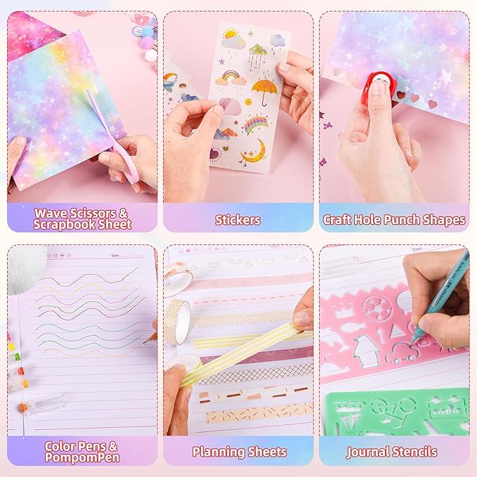 LiYiQ Plush Panda Diary Gift for Girls Kids Travel Journal Secret Diary with Scrapbook Paper Stickers Journal Stencils Pompom Pen and Washi Tape Practical Set Gift for Birthday Christma