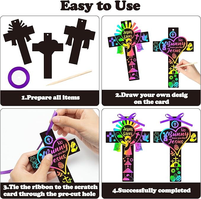 WATINC 60pcs Cross Scratch Cards, Resurrection Cross Magic Scratch Paper DIY Art Ornaments, Color Crafts Kit for Kids, Christian Religious Easter Sunday School Classroom Supplies Decorations